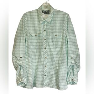 Eddie Bauer Shirt Womens M Button Up Blouse Top Plaid Long Sleeve Green Travex